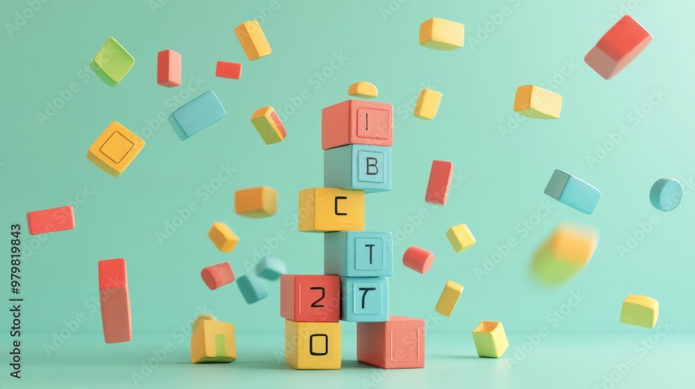 Poster colorful building blocks arranged playfully with scattered pieces in a vibrant setting.