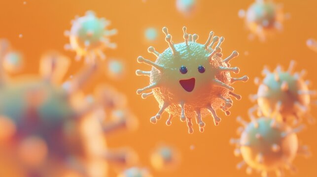 Cartoonish viruses with smiling faces in a colorful background.