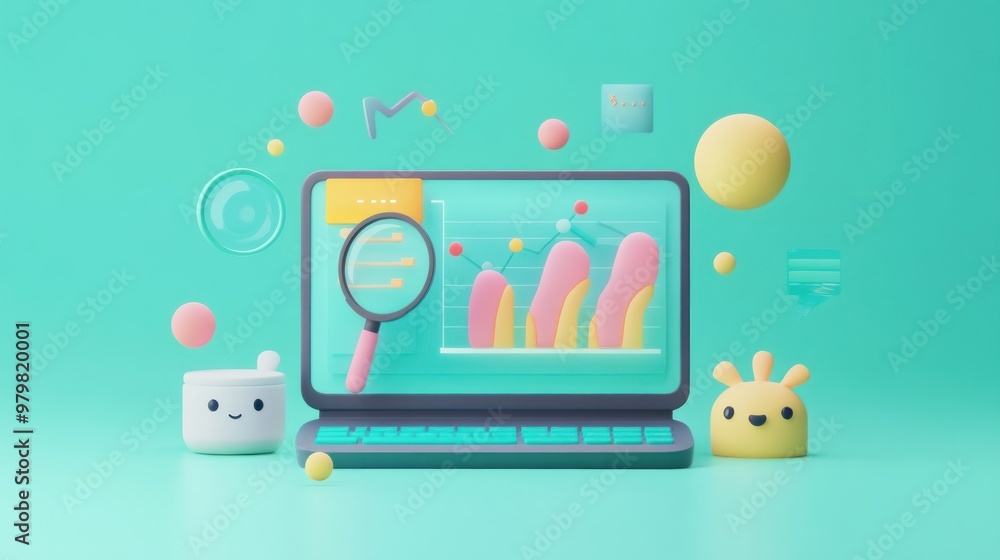 Poster a colorful 3d representation of data analysis on a laptop with playful elements.
