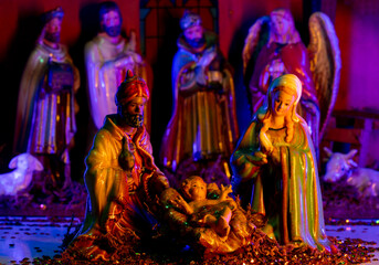 Christmas scene of baby Jesus in the manger with Joseph, Mary and shepherd. Bible Magi found Jesus....