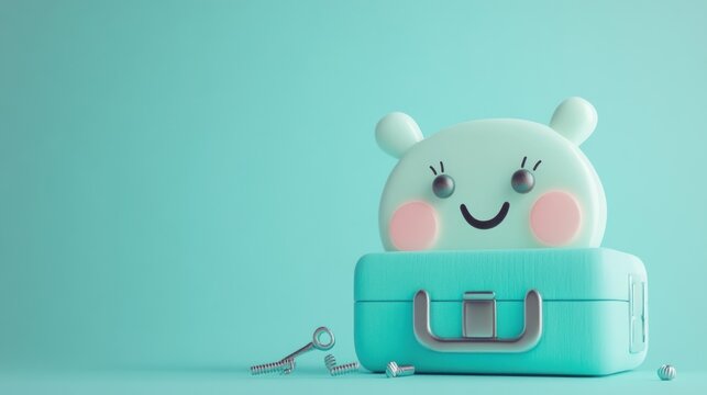 A cute character peeking from a turquoise case, surrounded by small tools.