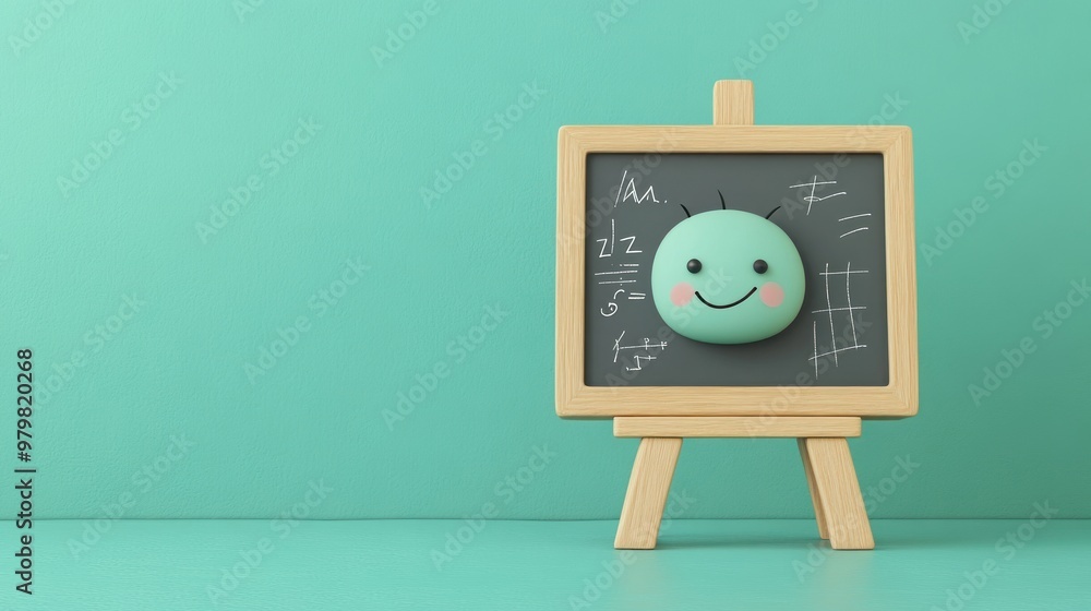Poster a cute smiling character on a chalkboard with math equations, conveying a playful learning theme.