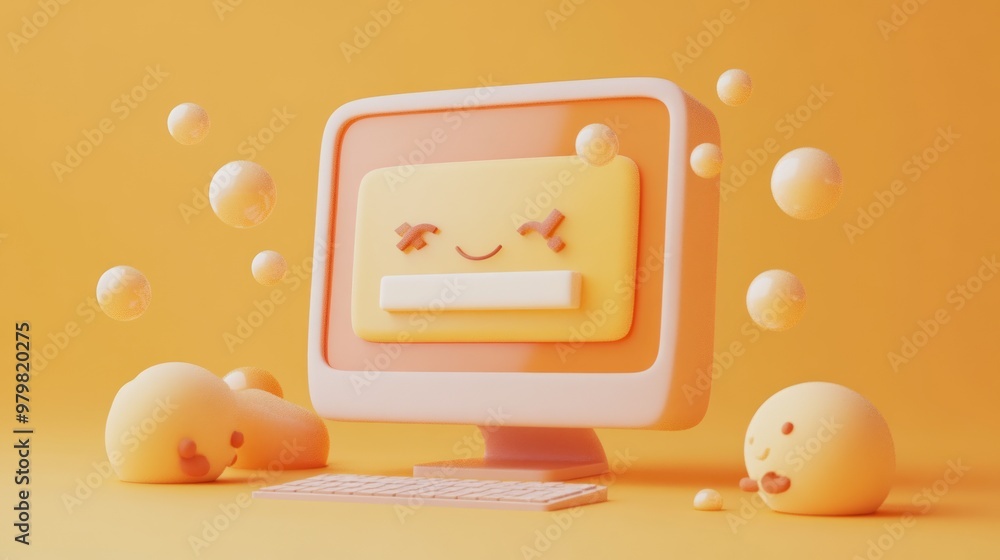 Poster a playful computer with a smiling screen and bubbles on a bright orange background.