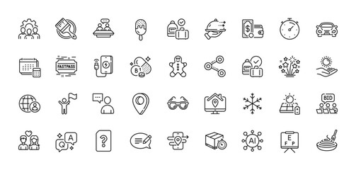 Message, Team work and Employees talk line icons pack. AI, Question and Answer, Map pin icons. Phone charging, Brush, Wallet money web icon. Timer, Ice cream, Food delivery pictogram. Vector