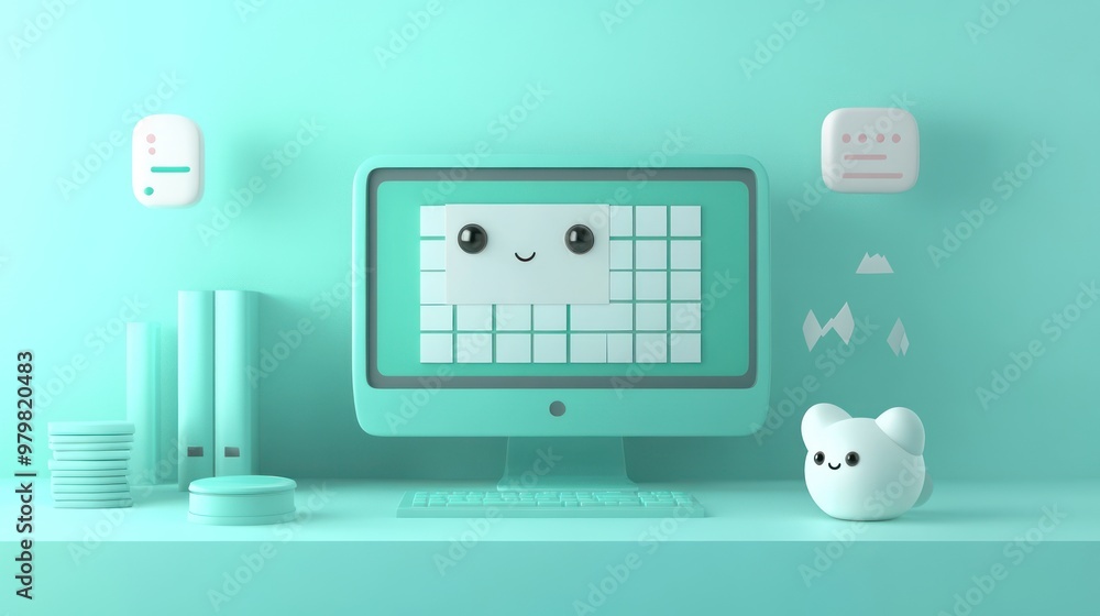 Poster a cute, minimalistic workspace featuring a smiling computer and playful decor.