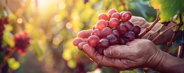 Fototapeta premium Hand tenderly holding a bunch of ripe grapes in a sunlit vineyard, showcasing the beauty and bounty of harvest time.