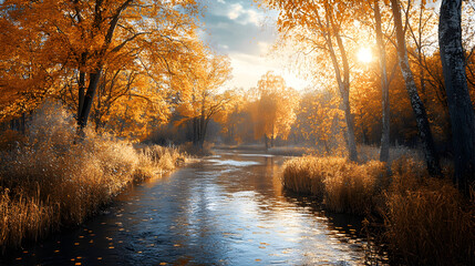 Fototapeta premium Peaceful autumn landscape with a river running through golden trees