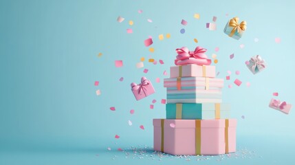 Fototapeta premium A colorful stack of gift boxes surrounded by confetti on a blue background.
