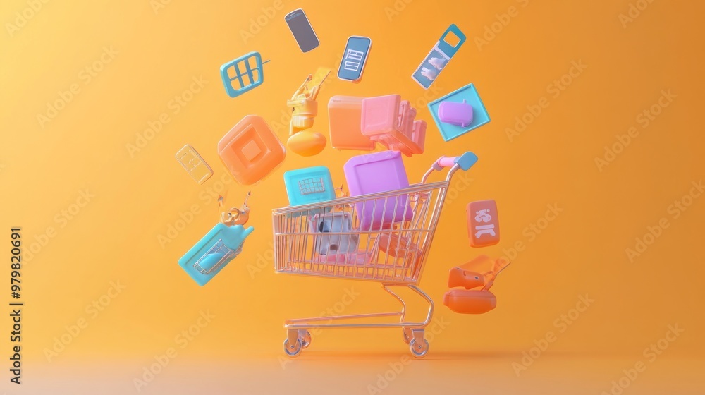 Poster a colorful shopping cart filled with various digital and tech-related items.