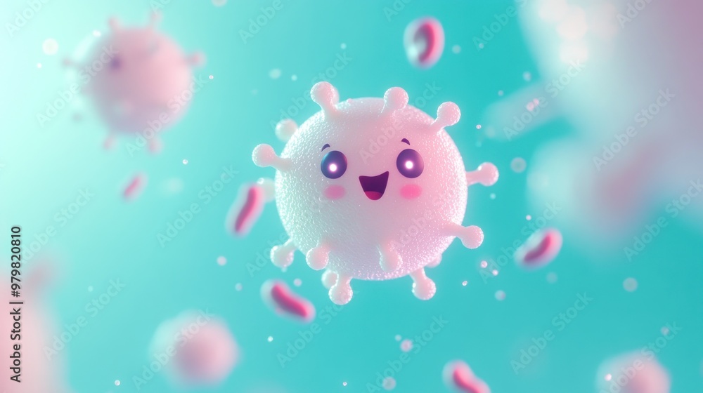 Poster a cute, animated virus character with a happy expression, surrounded by colorful particles.