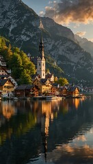 Panoramic sunset view of Hallstatt and alpine lake, Austria.