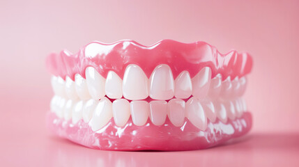 Obraz premium Model of human jaw with teeth. 3D render visualization on pink background.