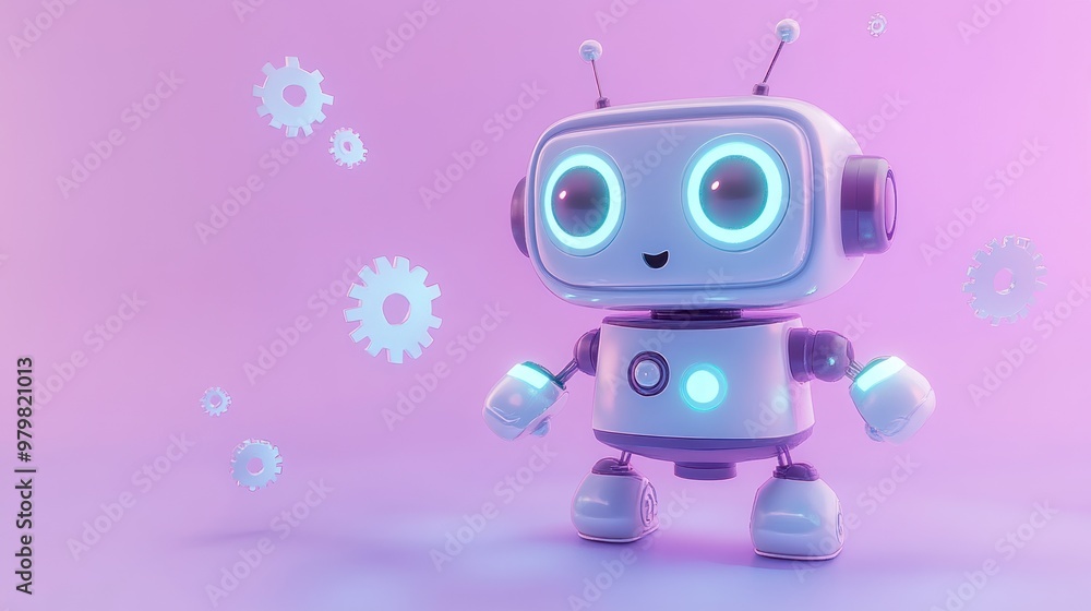 Poster a cheerful robot with glowing features in a pink background, surrounded by gears.