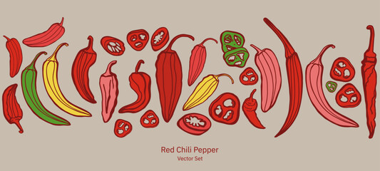 Hand drawn chili pepper, line art vector isolated set. Chili pepper outline. Red, green, yellow pepper on the white background. Jalapeno. 