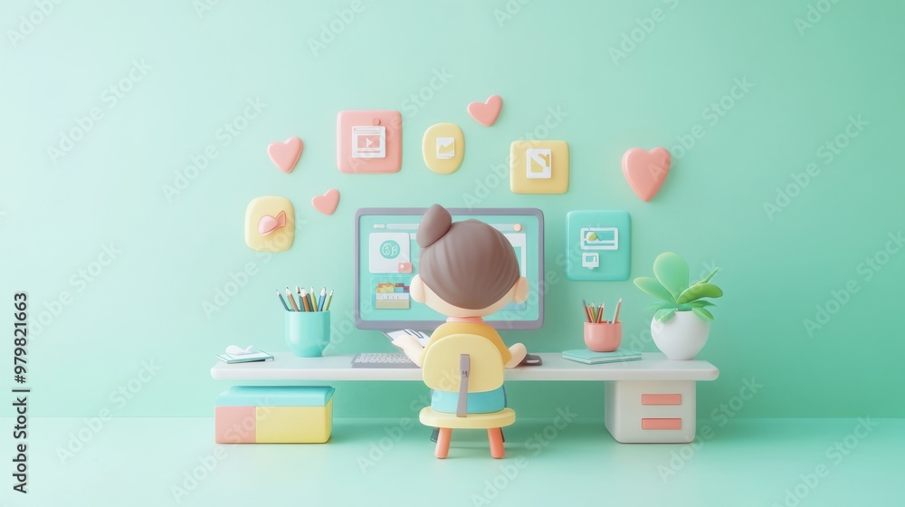 Aufkleber a cartoonish workspace with a child using a computer, surrounded by colorful icons and decor.