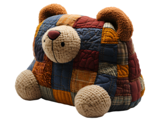 a stuffed animal in a patchwork pattern. 