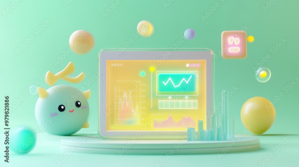Poster a whimsical scene with a cute character and a colorful data display on a pastel background.
