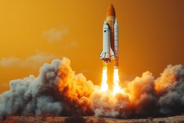 dynamic rocket launch against vibrant yellow background powerful imagery symbolizing ambition progress and technological advancement with bold eyecatching design