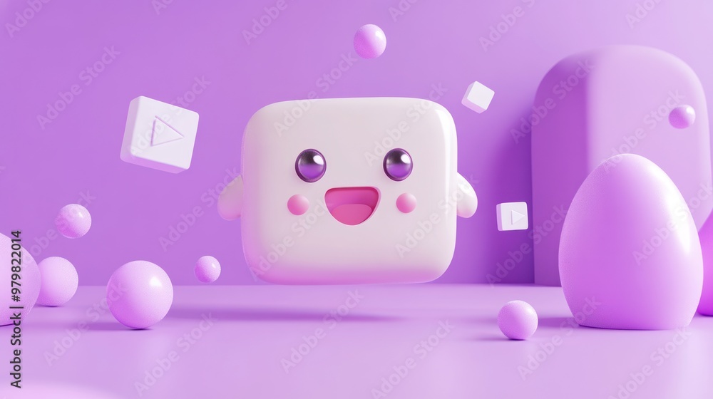 Poster a cute, smiling character in a playful purple environment with floating shapes.