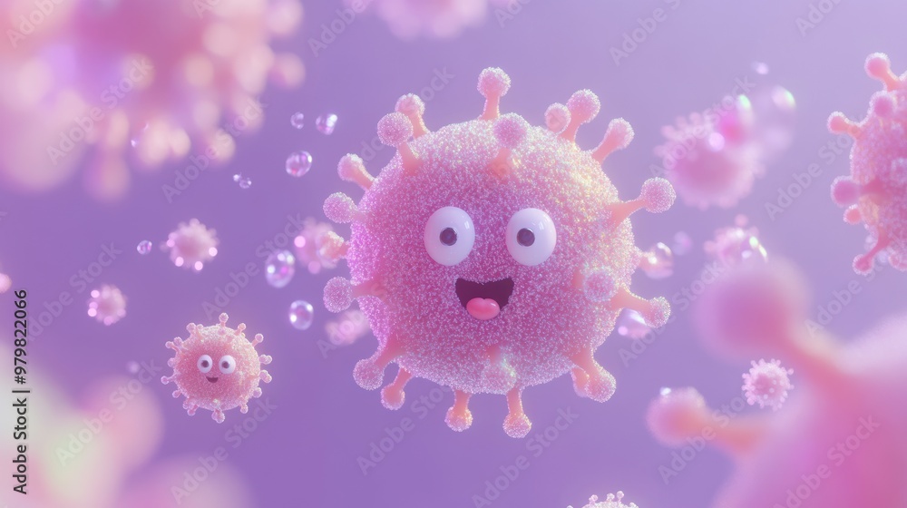 Sticker A cheerful, cartoonish depiction of viruses with smiling faces in a colorful, bubbly environment.