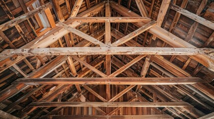 An aged wooden roof supported by wooden beams