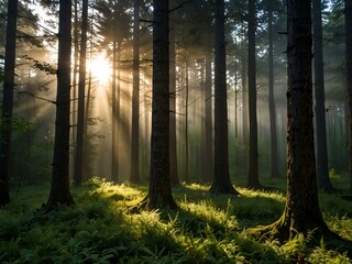 Peaceful morning light filtering through the forest trees.