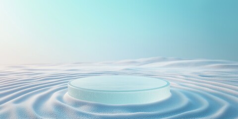 A transparent circular podium set in calm ripples of water with a clear blue sky, suitable for serene or minimalist-themed product displays. High quality illustration.