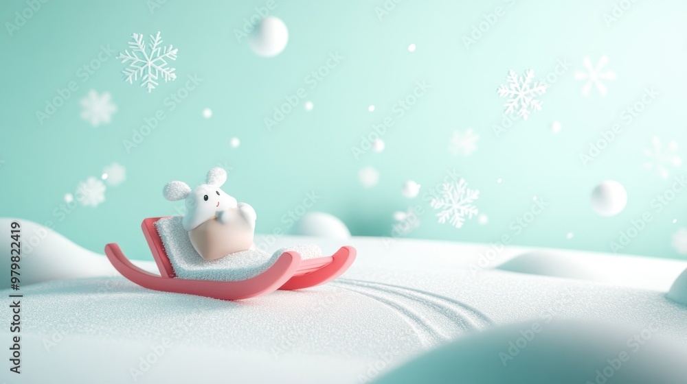 Canvas Prints A cute mouse on a sled in a snowy landscape with snowflakes falling.