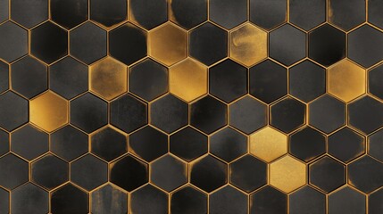 A luxurious geometric pattern of hexagonal tiles in black and gold, arranged in an elegant, high-contrast design that evokes opulence, sophistication, and modern style