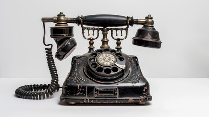 Antique black phone with white backdrop