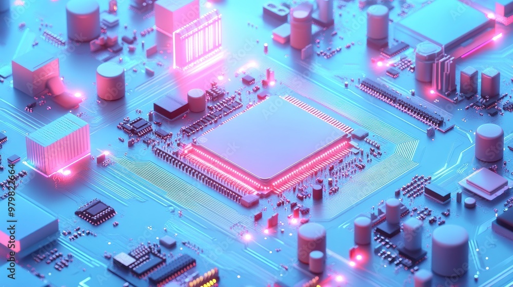 Poster a vibrant, futuristic microprocessor on a circuit board, showcasing advanced technology.