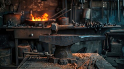 Anvil and hammer workshop of a blacksmith