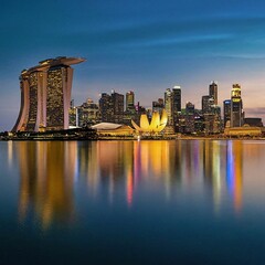 Singapore skyline reflecting in the water at dusk