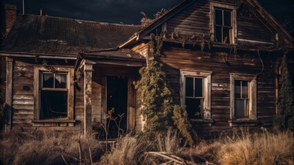 Derelict House An old, run-down house with broken windows and overgrown weeds, evoking a sense of abandonment and decay.