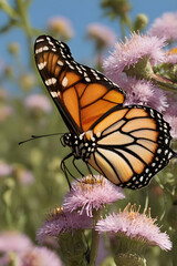 Fototapeta premium Crystal Clear Close-Up of Monarch Butterfly on a Flower, Showcasing Its Delicate Beauty