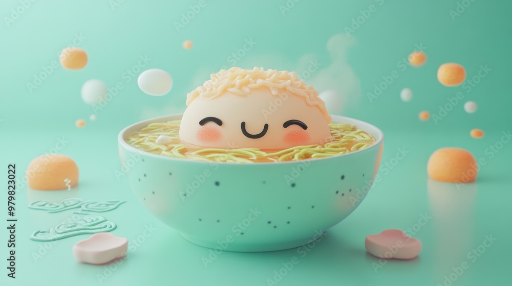 Sticker A cute bowl of noodles with a smiling character and playful toppings.