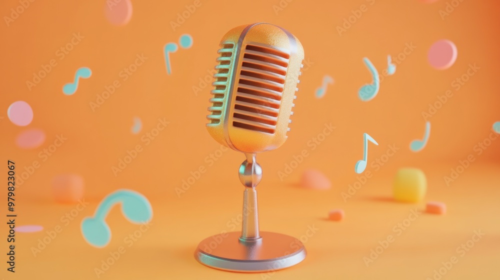 Poster A vintage-style microphone against an orange background with musical notes.