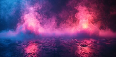 Vibrant blue and pink smoke on a reflective surface under moody lighting, creating a dramatic and colorful atmosphere.