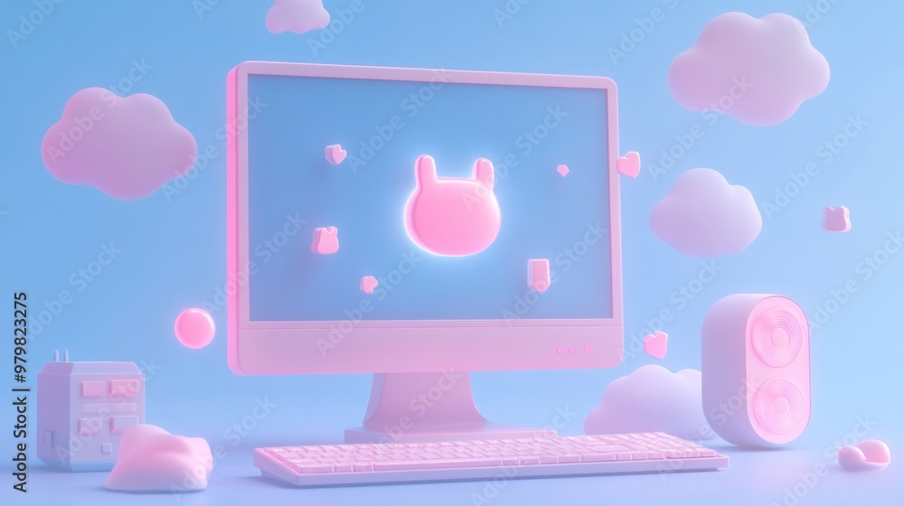 Aufkleber a pastel-themed computer setup with a cute character and fluffy clouds.