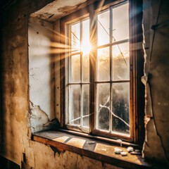  Cracked Window in a Dark Room A single window with cracks, allowing a dim beam of light into a dark, empty room.