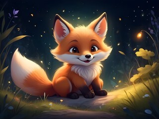 Fototapeta premium Cute baby fox with the sparkling night time wallpaper, Cute baby animals, Cute animals for kids