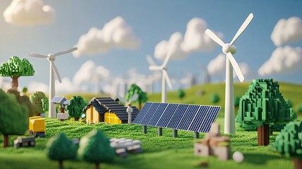 Sustainability in simple 2D animation showing wind turbines, solar panels, and green energy sources with clean, minimal design and vibrant colors