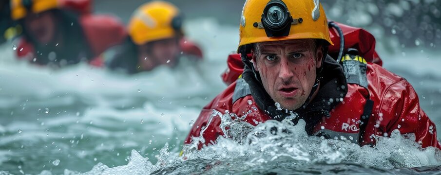 Intense male lifeguard in action during a water rescue training exercise.