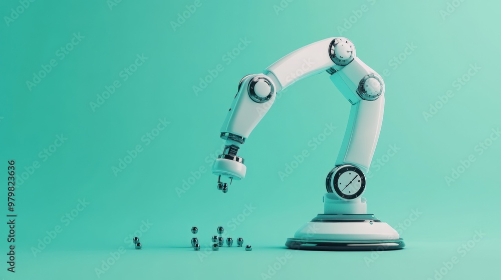 Aufkleber a robotic arm reaching towards small objects on a vibrant background.