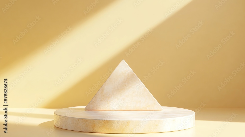 Poster a minimalist display featuring a triangular shape on a circular base against a soft yellow backgroun