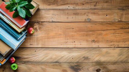 Arranging books on a wooden surface for a school themed background with space for text