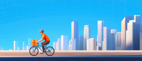 Minimal 2D animated scene of a package being delivered by a bicycle courier in a modern city with smooth, simple animations