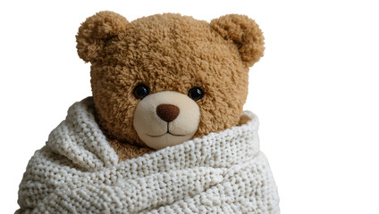 a teddy bear wrapped in a blanket. 