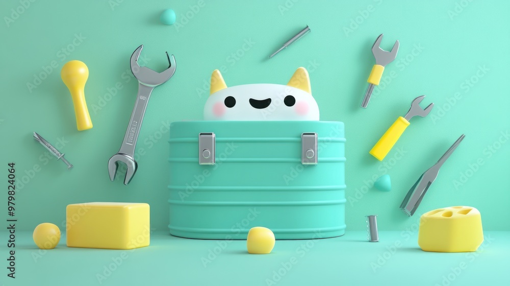 Poster a playful character peeks out from a toolbox surrounded by various tools and blocks.