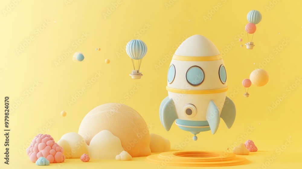 Poster A whimsical rocket surrounded by soft pastel elements against a bright yellow background.